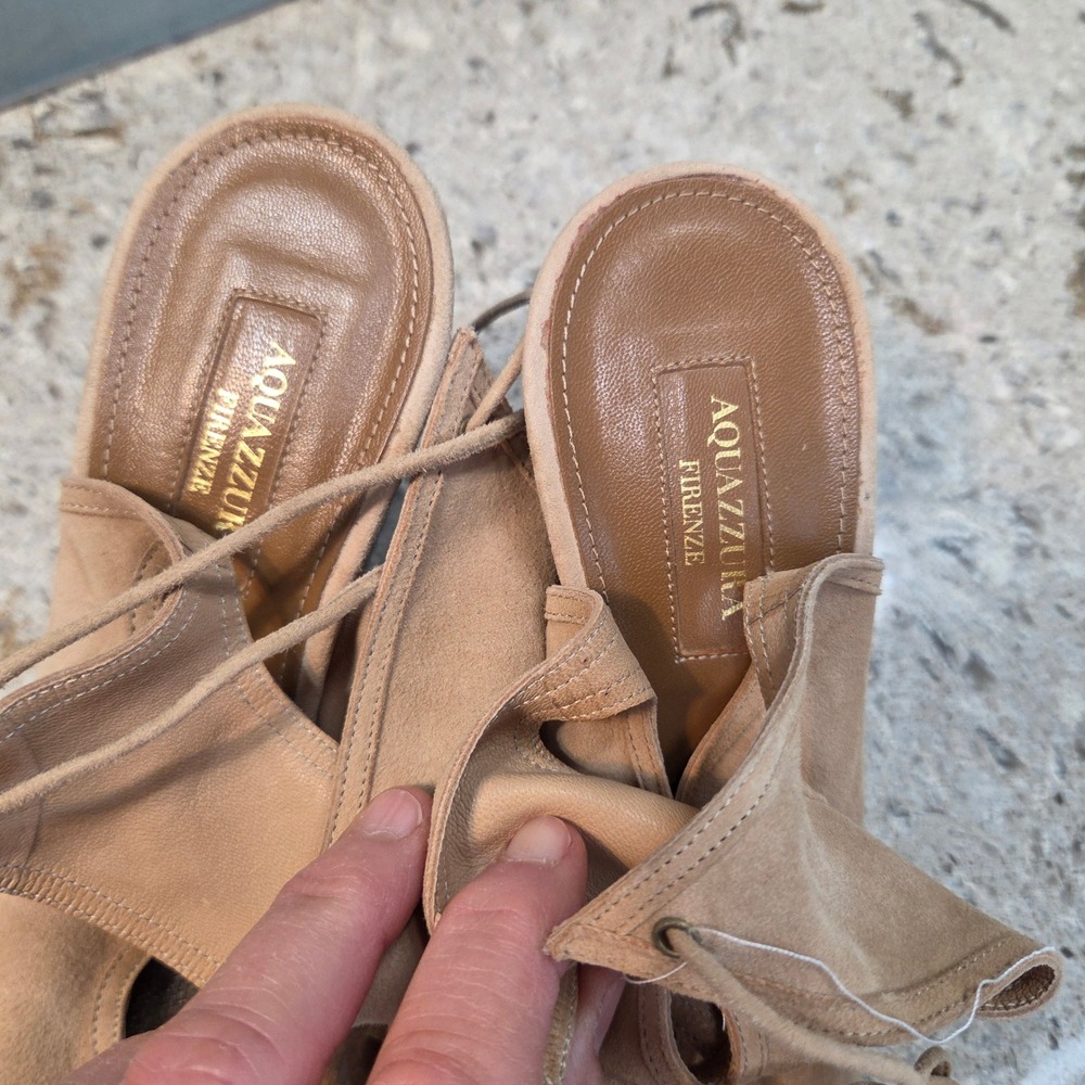 Aquazzura Firenze Tan Suede Lace Up Wedge Sandals Peep Toe‎  38 Made in Italy - Picture 9 of 14